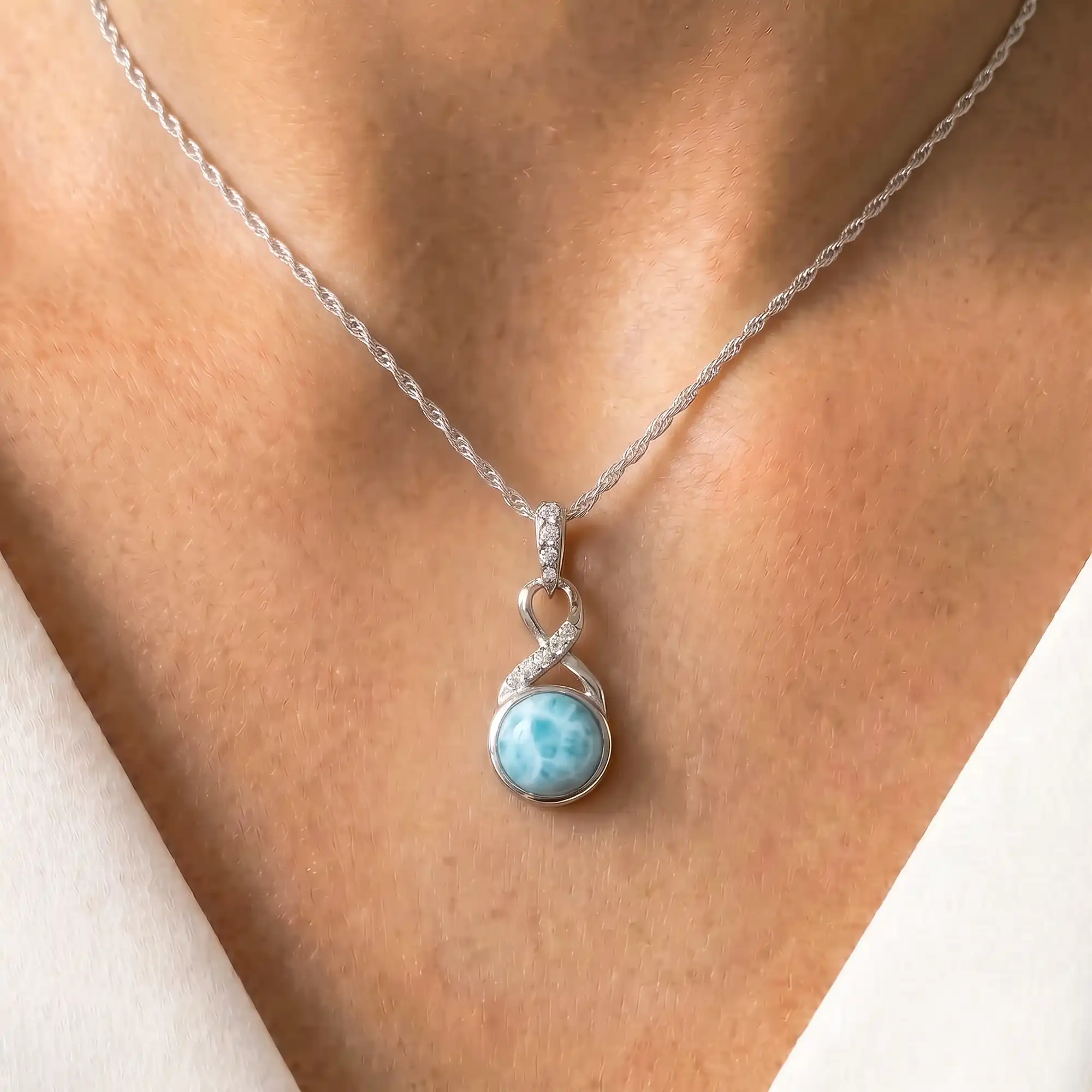 Larimar Sterling Silver Organa Pendant Necklace Marahlago Jewelry round Gemstone White Sapphire