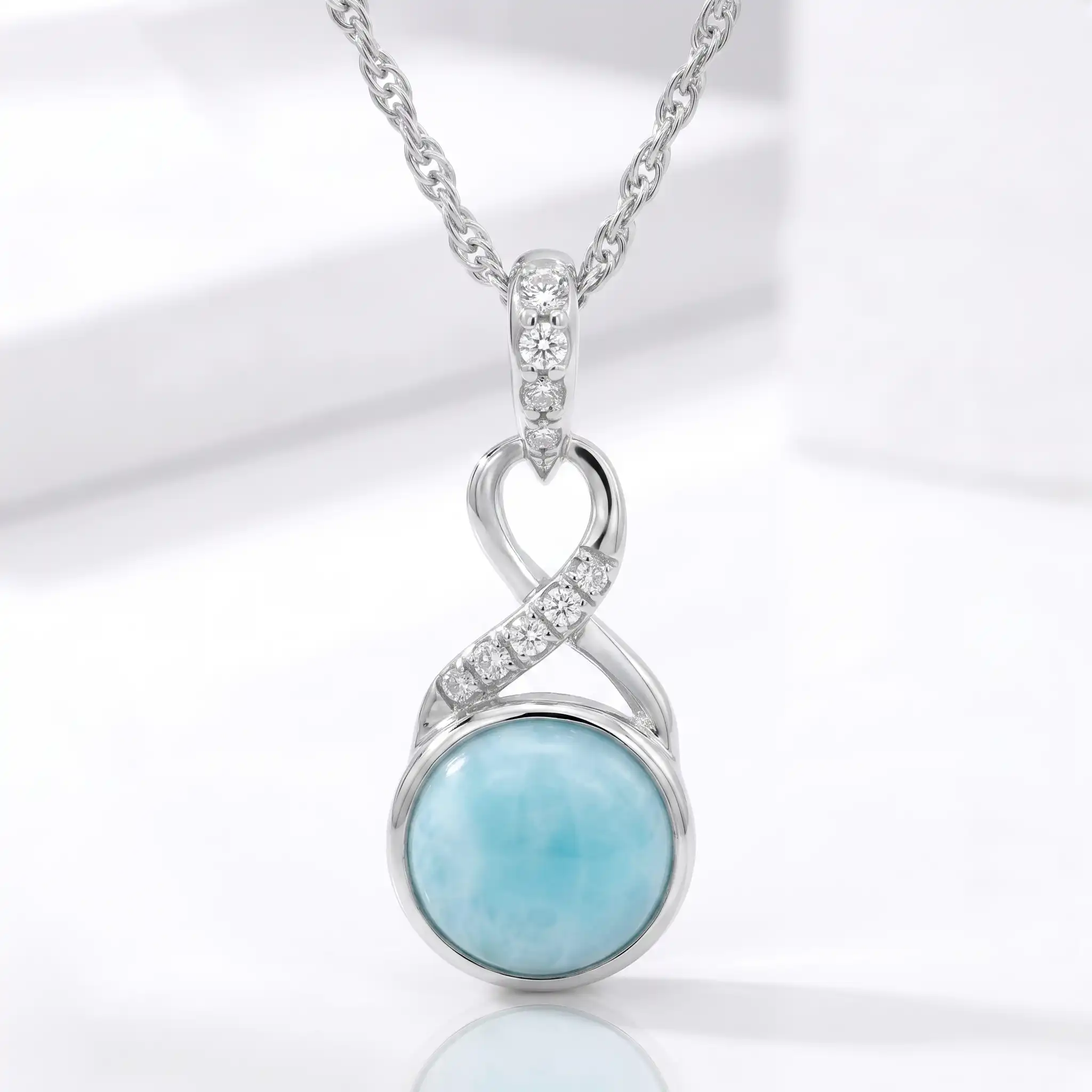 Larimar Sterling Silver Organa Pendant Necklace Marahlago Jewelry round Gemstone White Sapphire