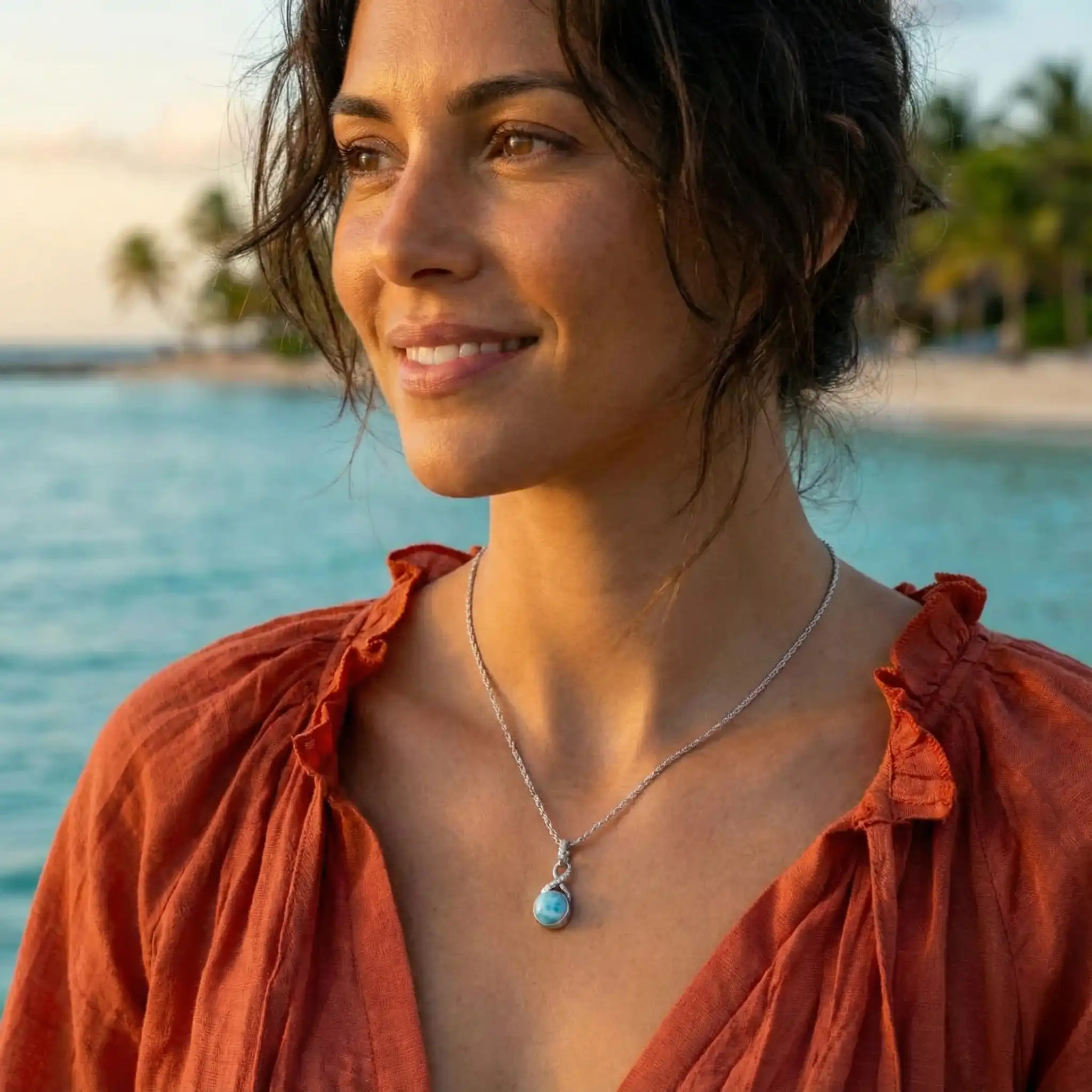 Larimar Sterling Silver Organa Pendant Necklace Marahlago Jewelry round Gemstone White Sapphire