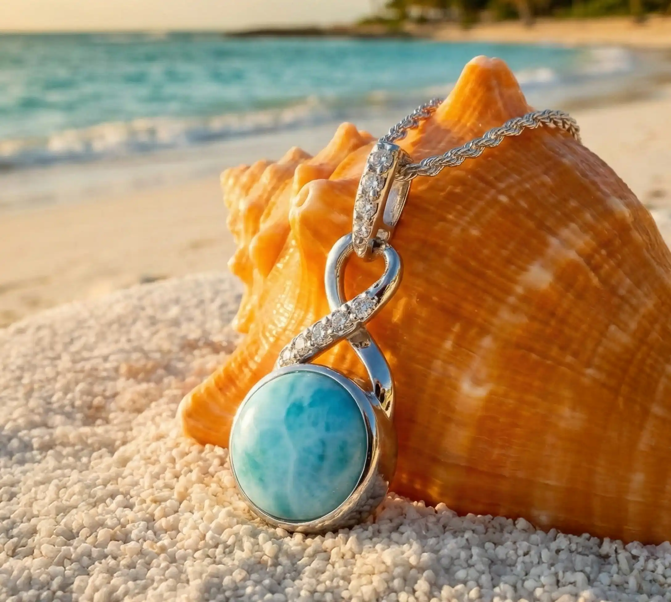 Larimar Sterling Silver Organa Pendant Necklace Marahlago Jewelry round Gemstone White Sapphire