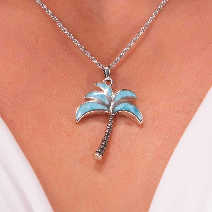 Palm Tree Necklace in oxidized silver with larimar stones by Marahlago Larimar 