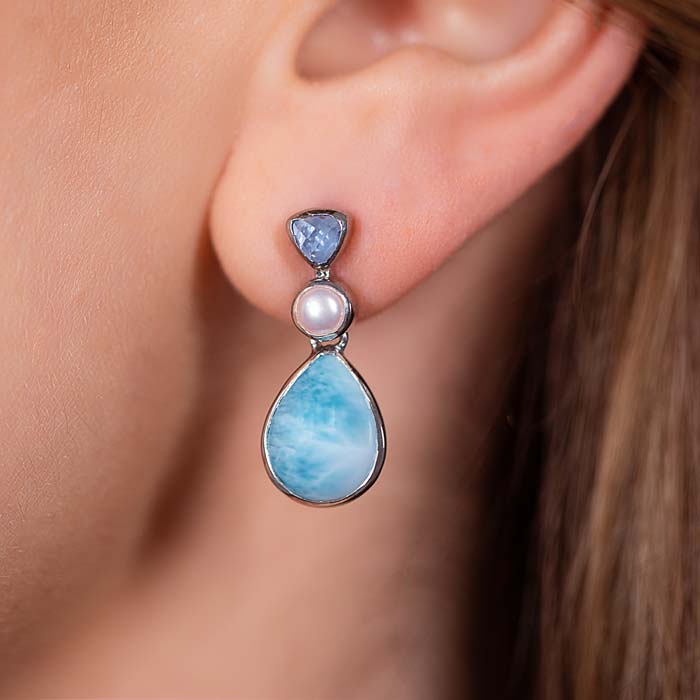 Larimar Sterling Silver Padme Earrings Marahlago Jewelry Pear Gemstone