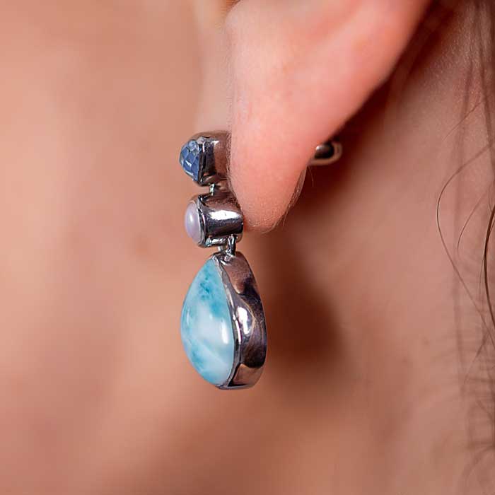 Larimar Sterling Silver Padme Earrings Marahlago Jewelry Pear Gemstone