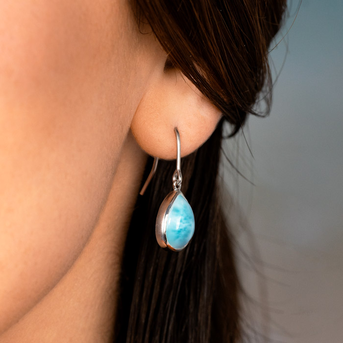 Larimar Sterling Silver Pear Dangle Wire Earrings Marahlago Jewelry pear Gemstone 