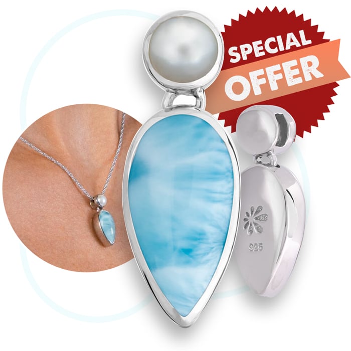 Larimar Sterling Silver Jaina Necklace Marahlago Jewelry Pear Gemstone Fresh Water Pearl