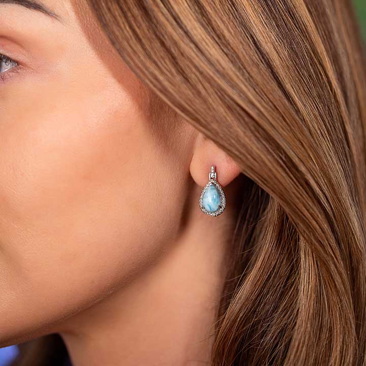 Larimar Sterling Silver Radiance Pear Post Earrings Marahlago Jewelry pear Gemstone White Sapphire 
