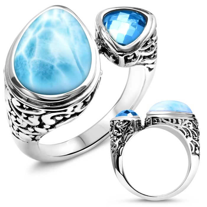 Larimar Sterling Silver Azure Pear Ring Marahlago Jewelry pear Gemstone Blue Topaz 
