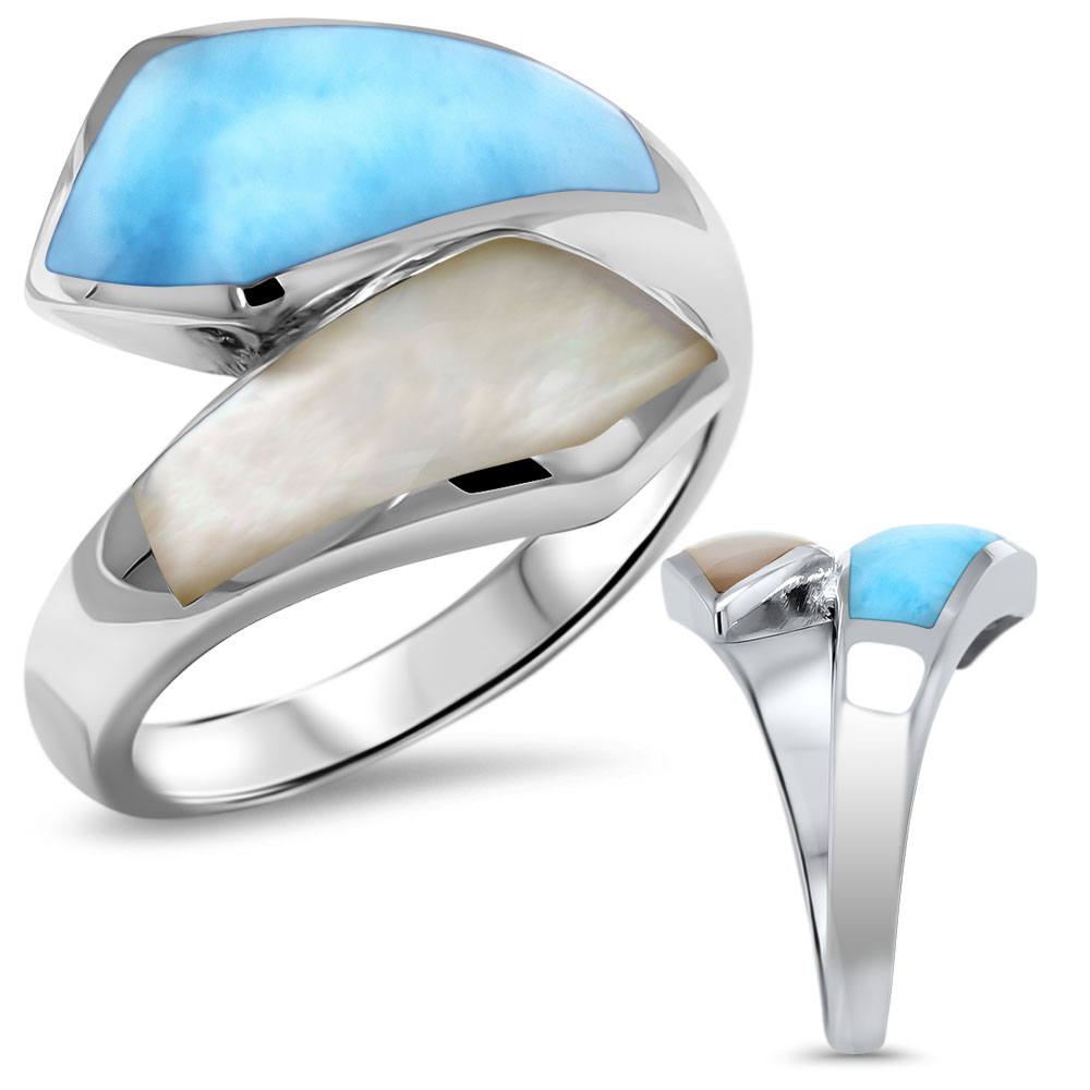 Larimar Sterling Silver Calder Ring Marahlago Jewelry White Mother of Pearl 