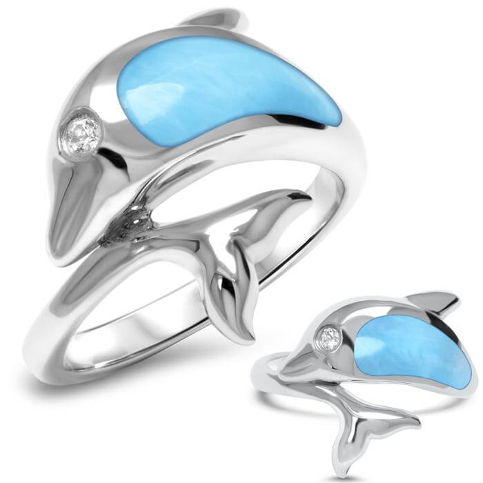 Dolphin Ring in sterling silver with larimar stones by Marahlago Jewelry