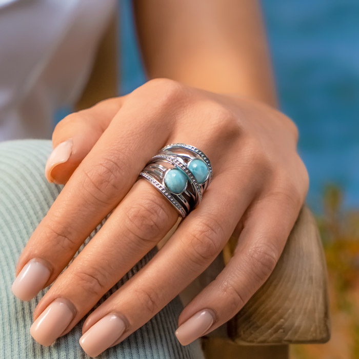 Larimar Sterling Silver Indigo Ring Marahlago Jewelry round Gemstone