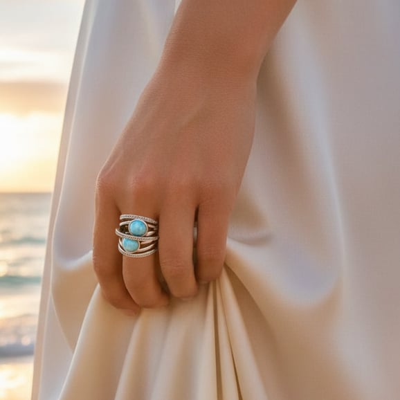 Crossover ring in Sterling silver with larimar