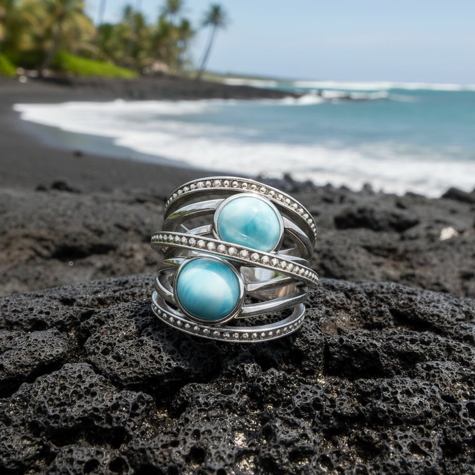 Crossover ring in Sterling silver with larimar