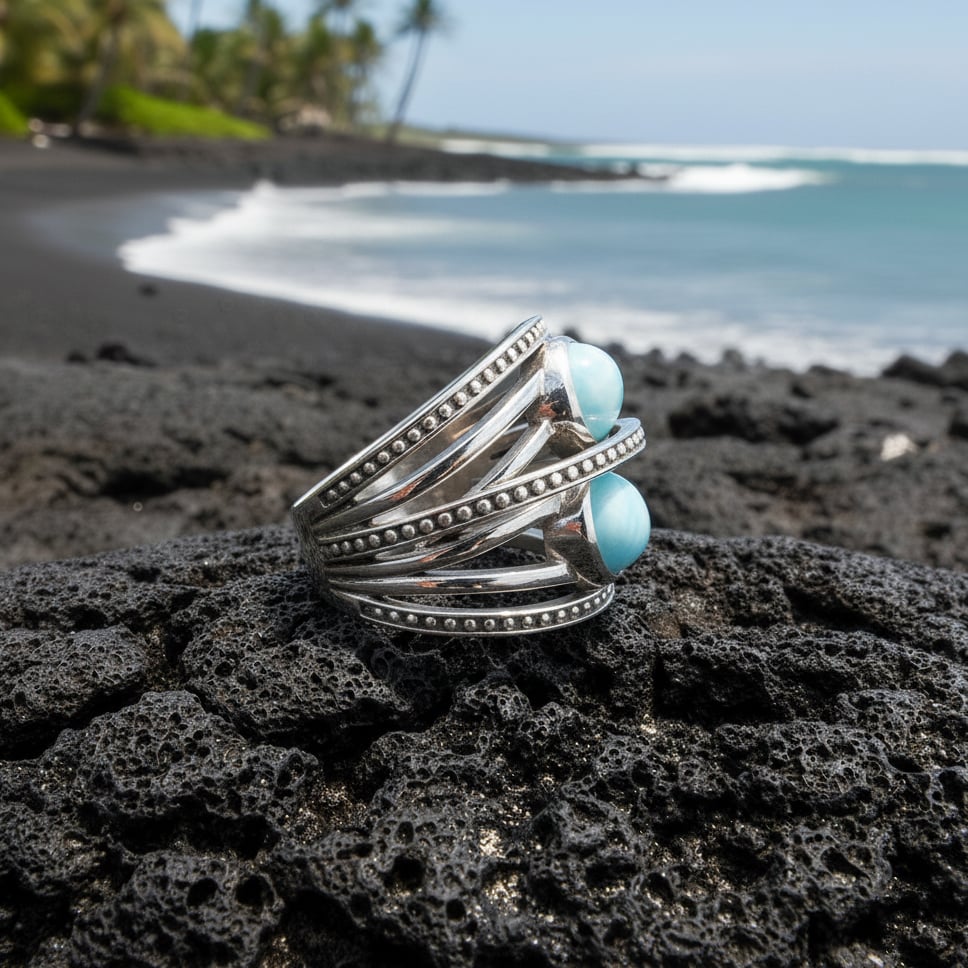 Crossover ring in Sterling silver with larimar