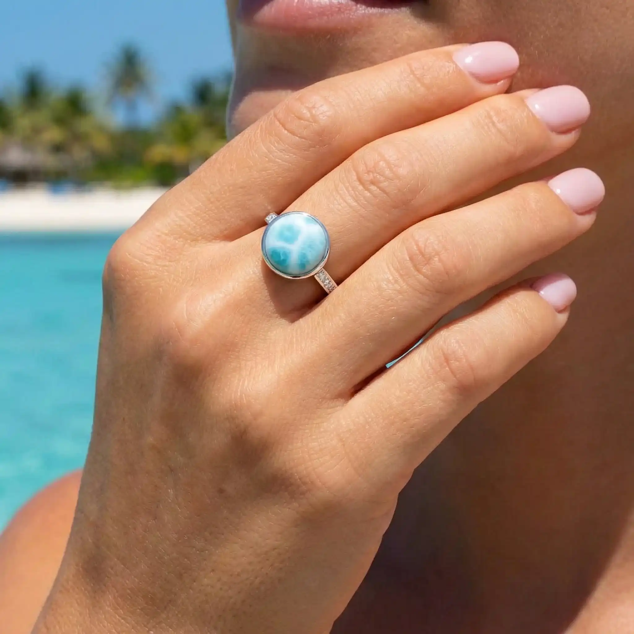 Round Ring with White Sapphire in silver with larimar by marahlago
