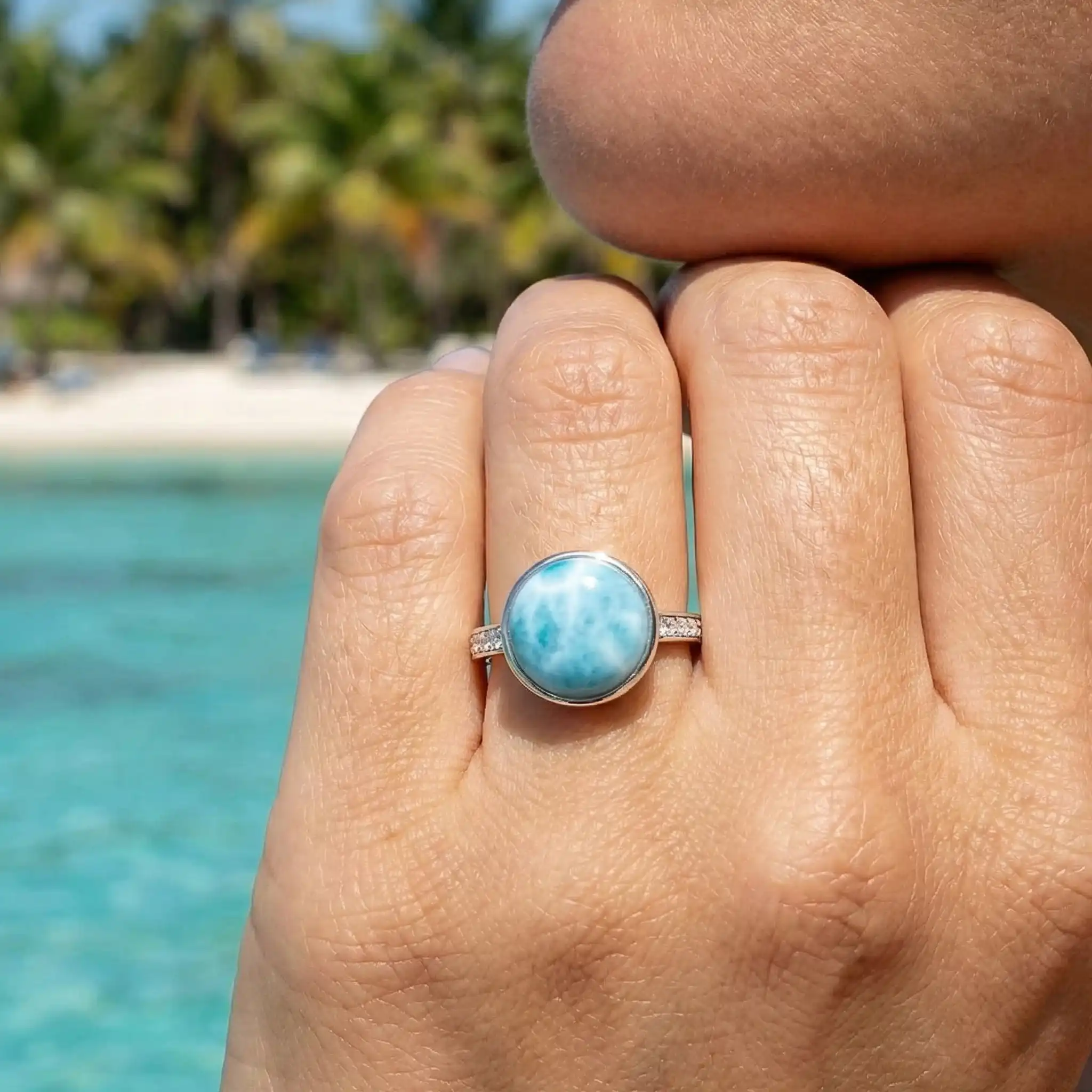 Round Ring with White Sapphire in silver with larimar by marahlago