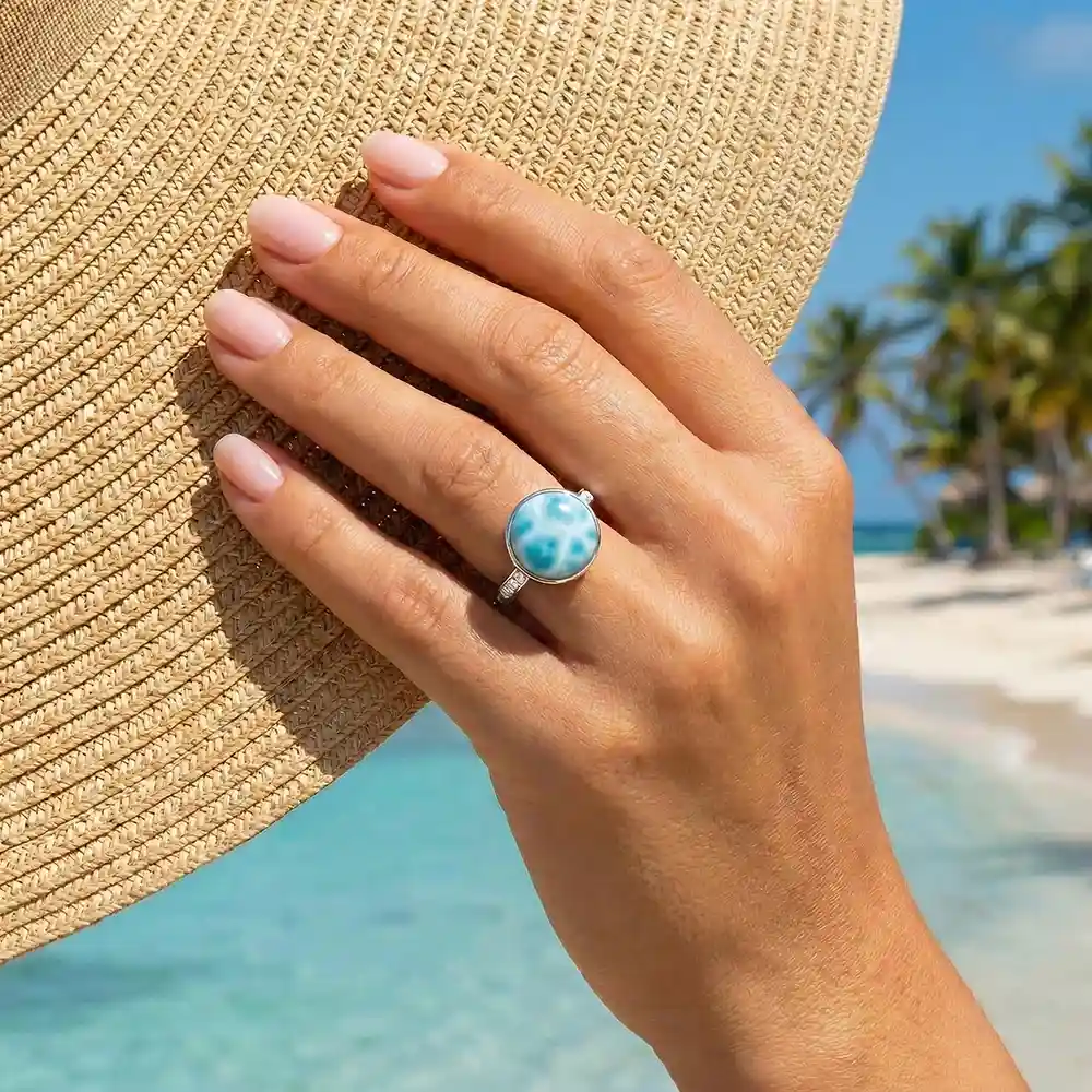 Round Ring with White Sapphire in silver with larimar by marahlago