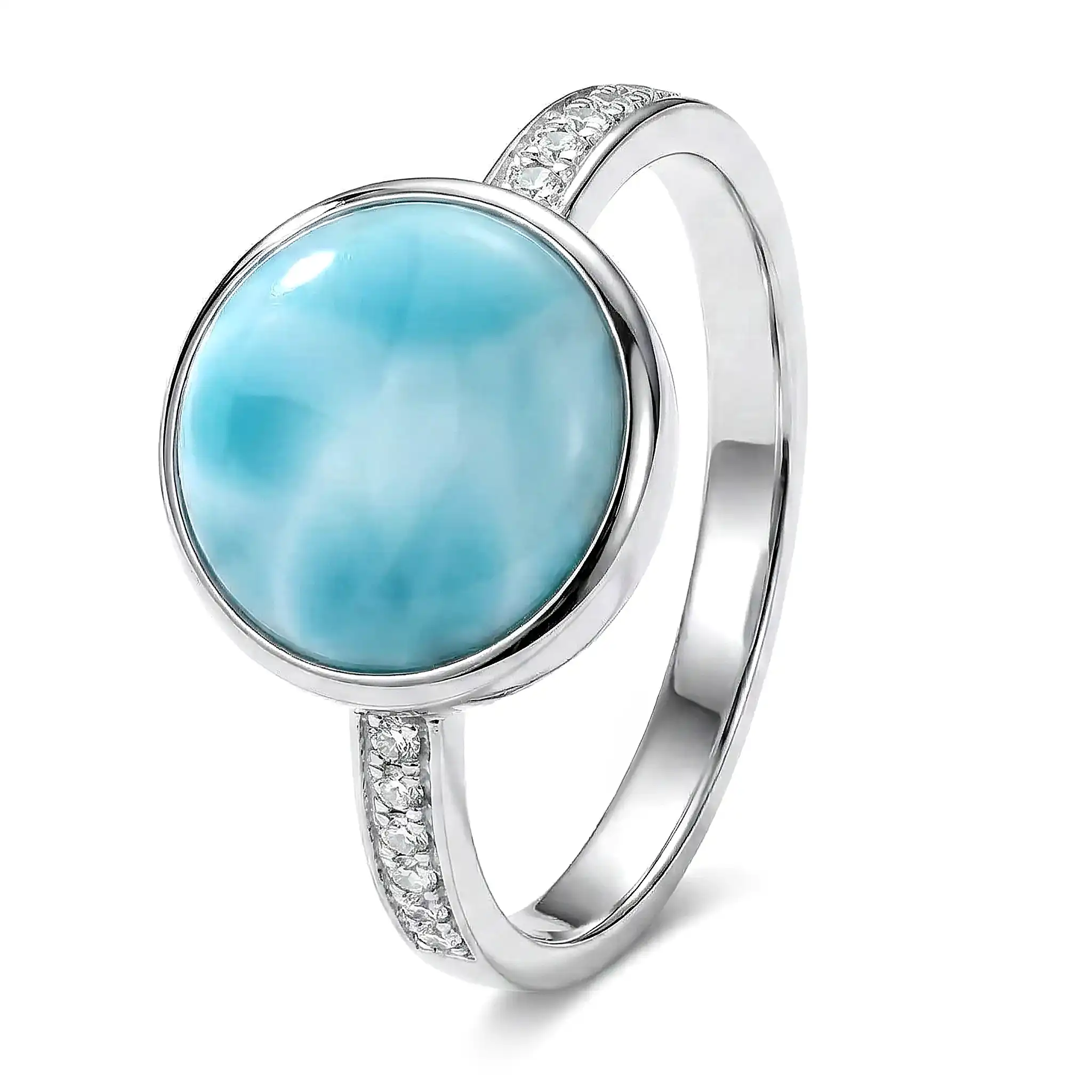 Add some style with a Round Ring with white sapphire in silver with larimar by marahlago