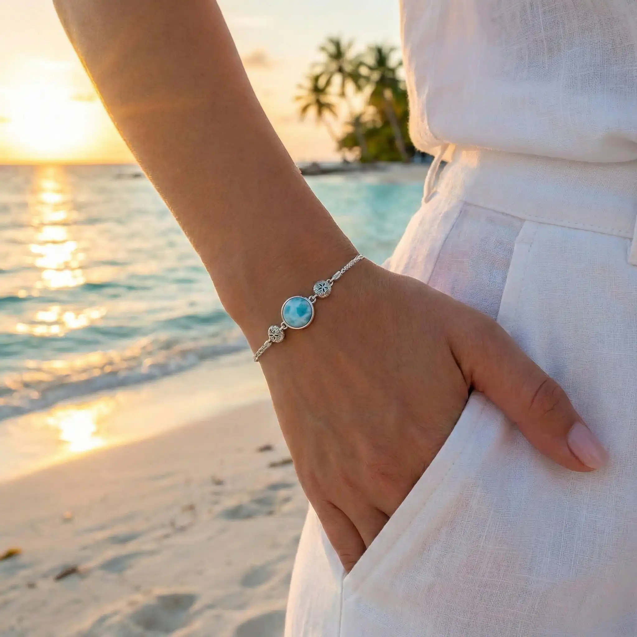 Sand Dollar Bracelet with silver and larimar Adjustable Bolo Bracelet by Marahlago 