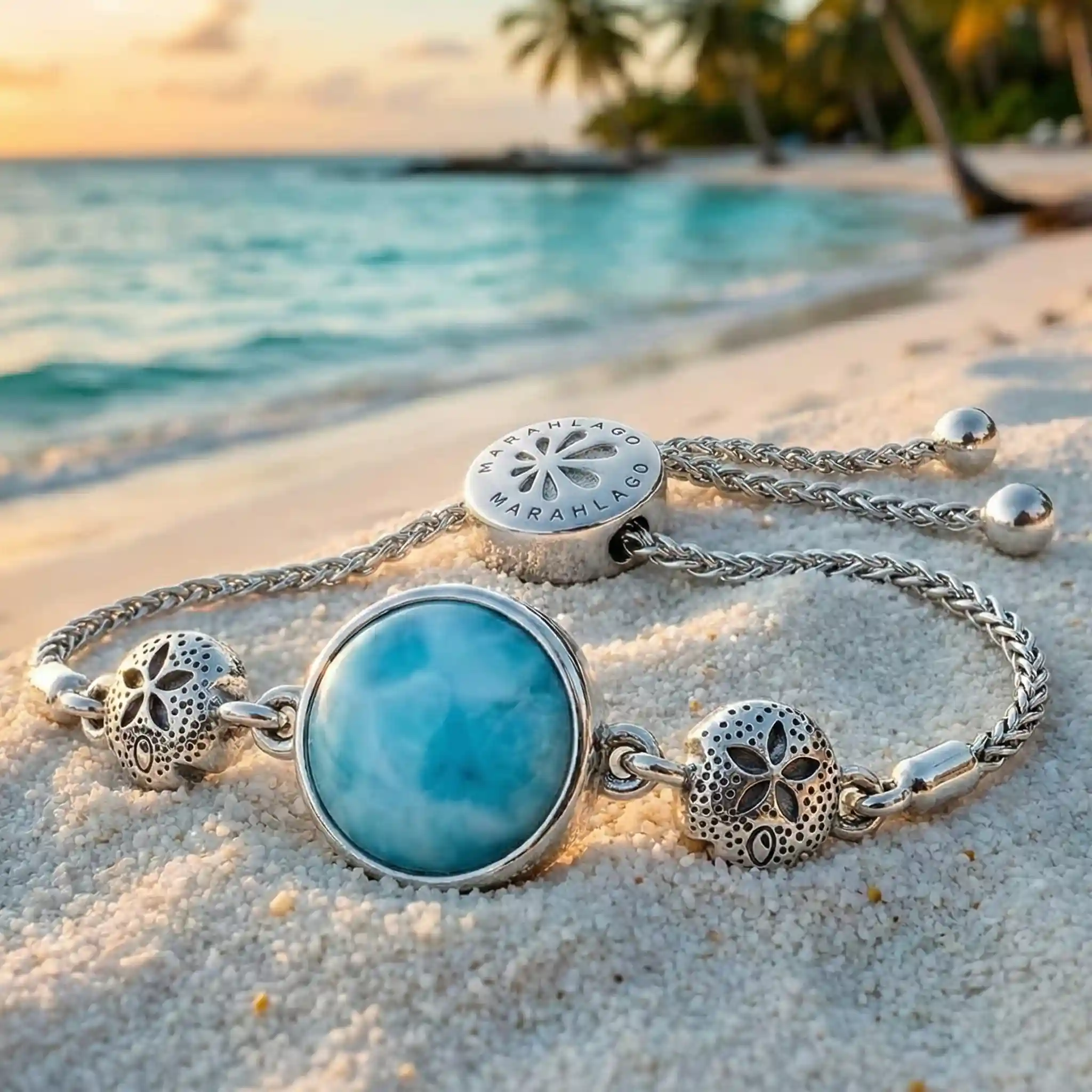 Sand Dollar Bracelet with silver and larimar Adjustable Bolo Bracelet by Marahlago 