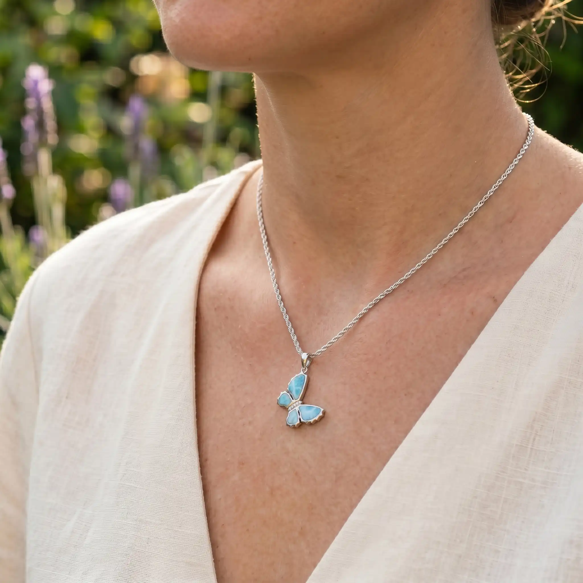 Silver Butterfly Necklace with larimar stones