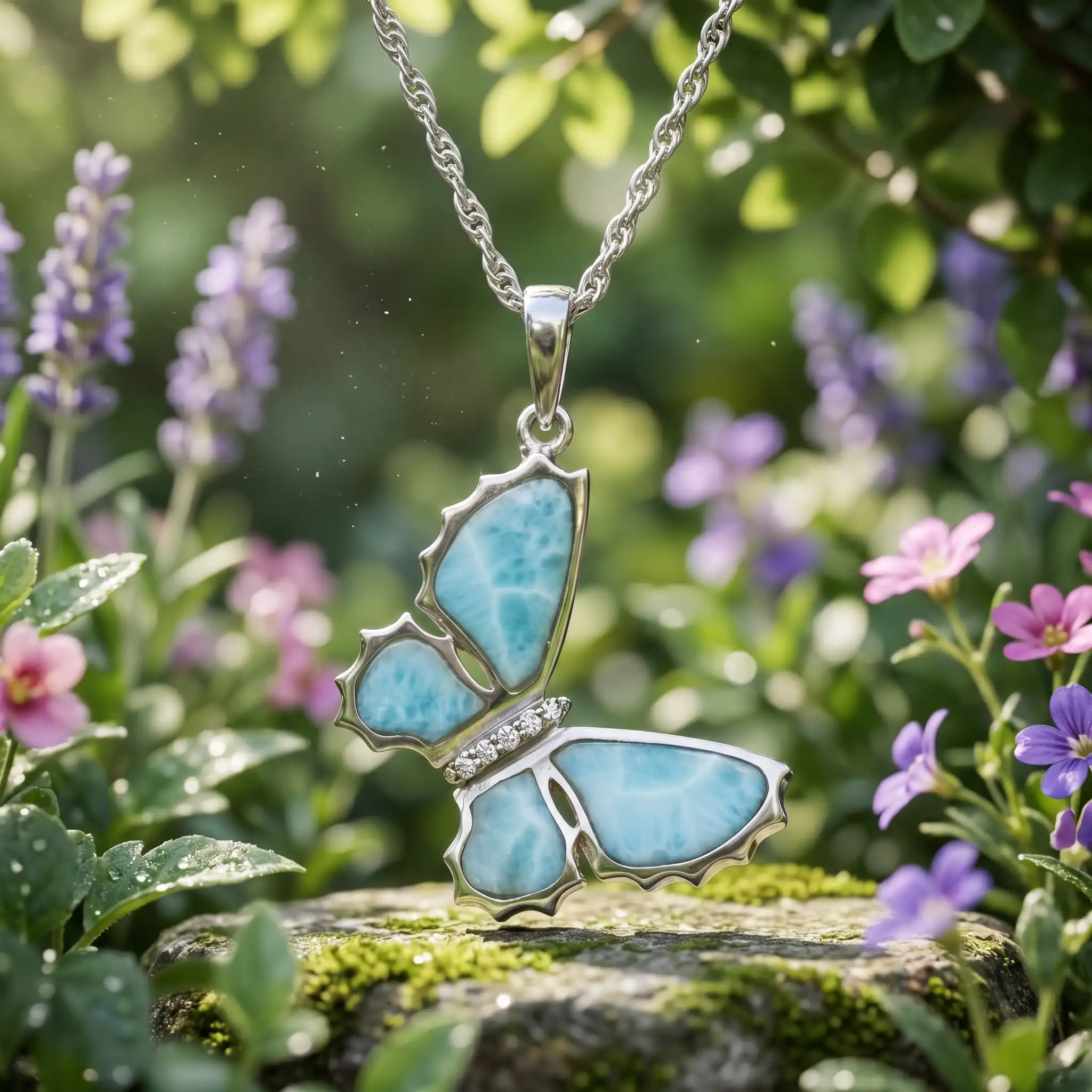 Silver Butterfly Necklace with larimar stones