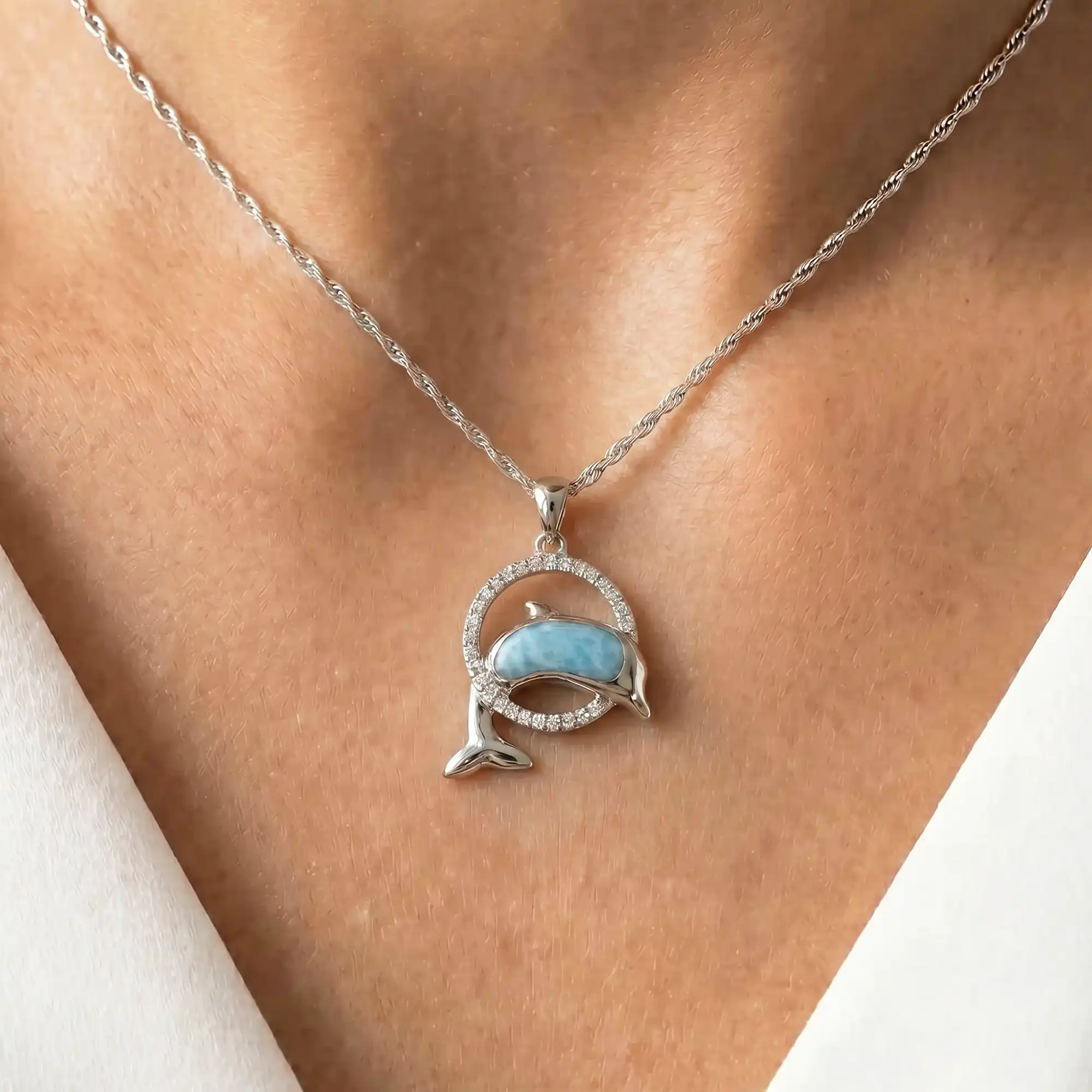 Dolphin Pendant set in sterling silver by Marahlago Larimar