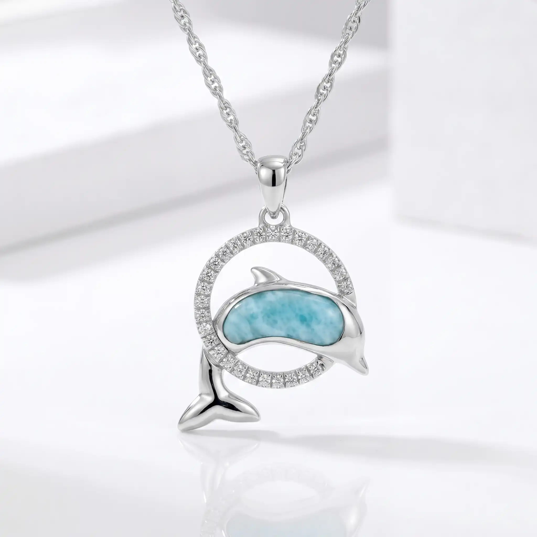 Dolphin Pendant set in sterling silver by Marahlago Larimar