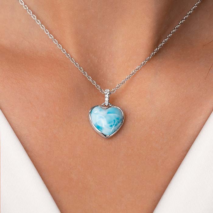 Heart shaped Necklace in sterling Silver with larimar and white sapphires by Marahlago 