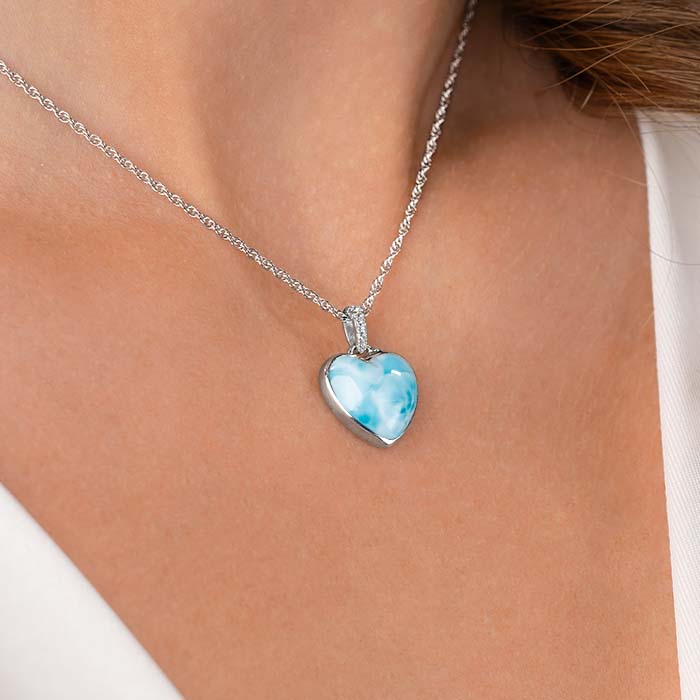Heart shaped Necklace in sterling Silver with larimar and white sapphires by Marahlago 
