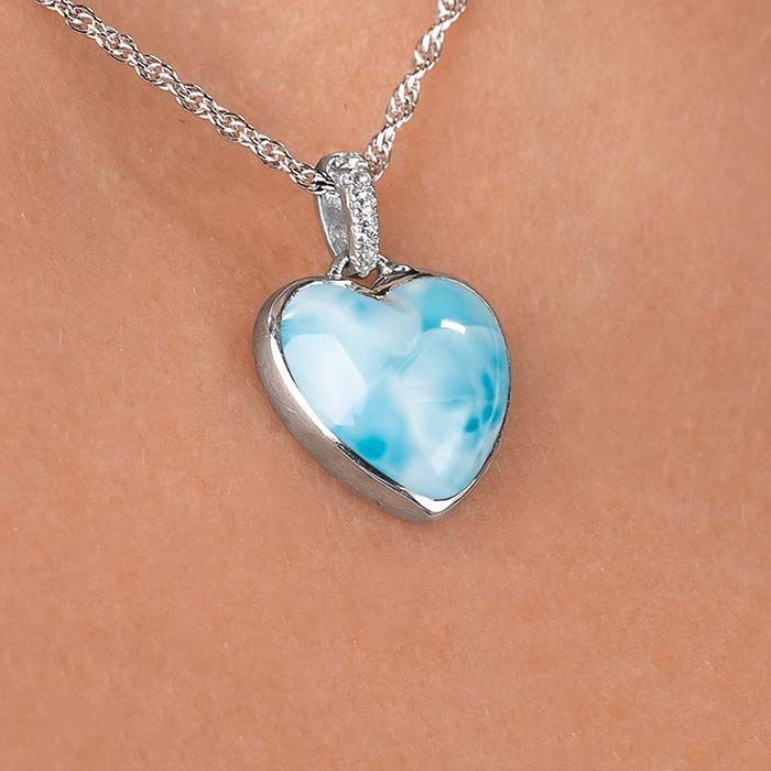 Heart shaped Necklace in sterling Silver with larimar and white sapphires by Marahlago 