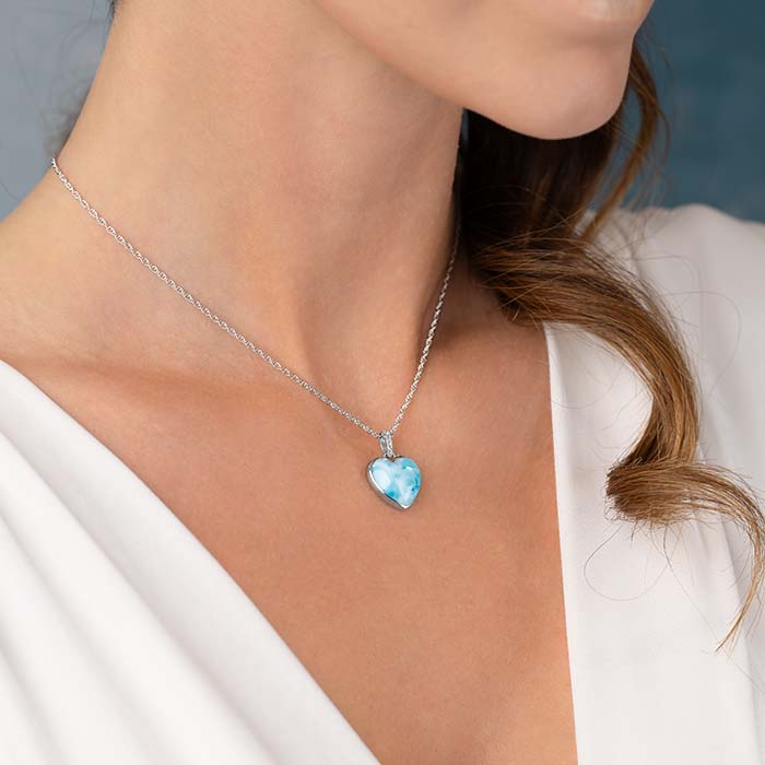 Heart shaped Necklace in sterling Silver with larimar and white sapphires by Marahlago 