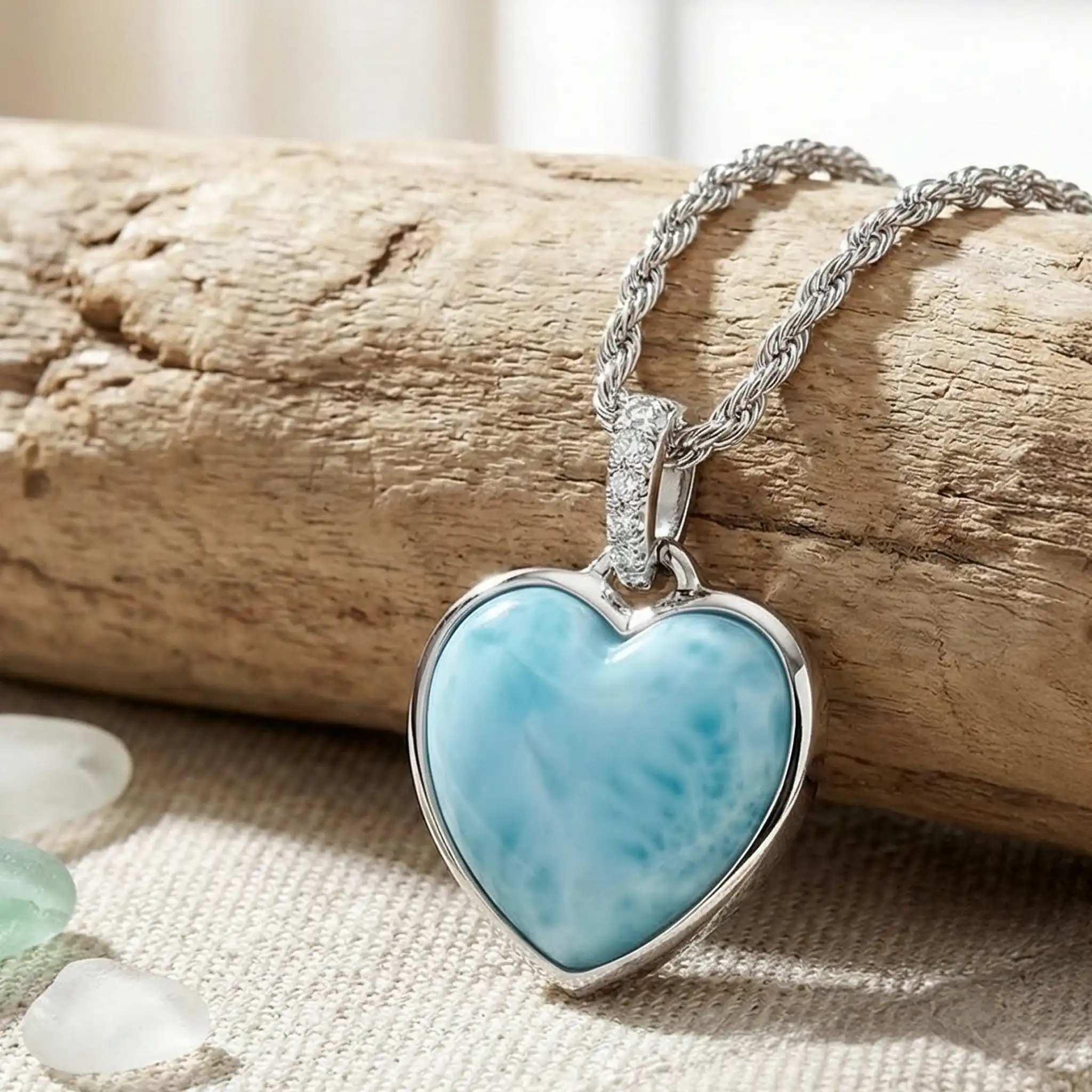 Heart shaped Necklace in sterling Silver with larimar and white sapphires by Marahlago 