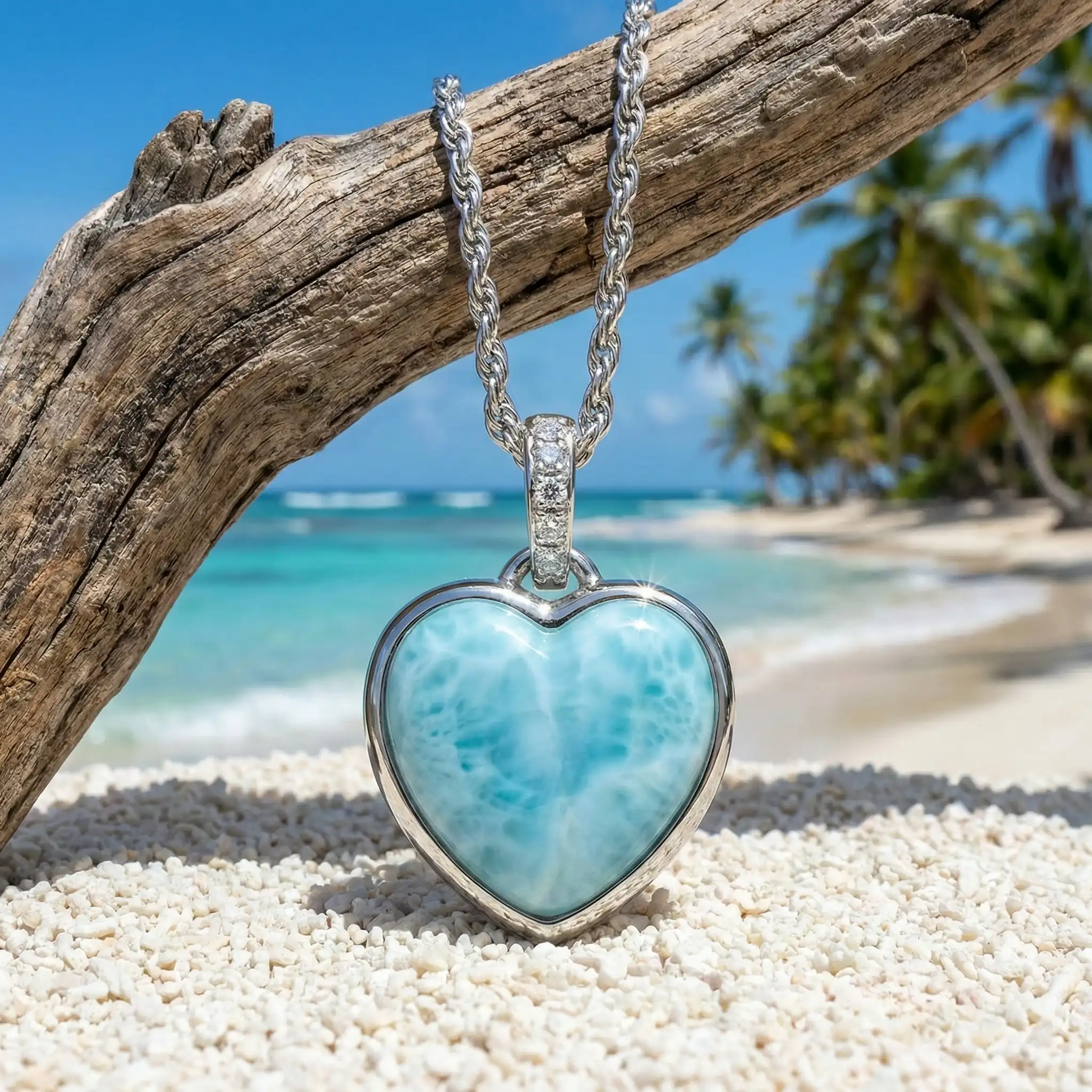 Heart shaped Necklace in sterling Silver with larimar and white sapphires by Marahlago 