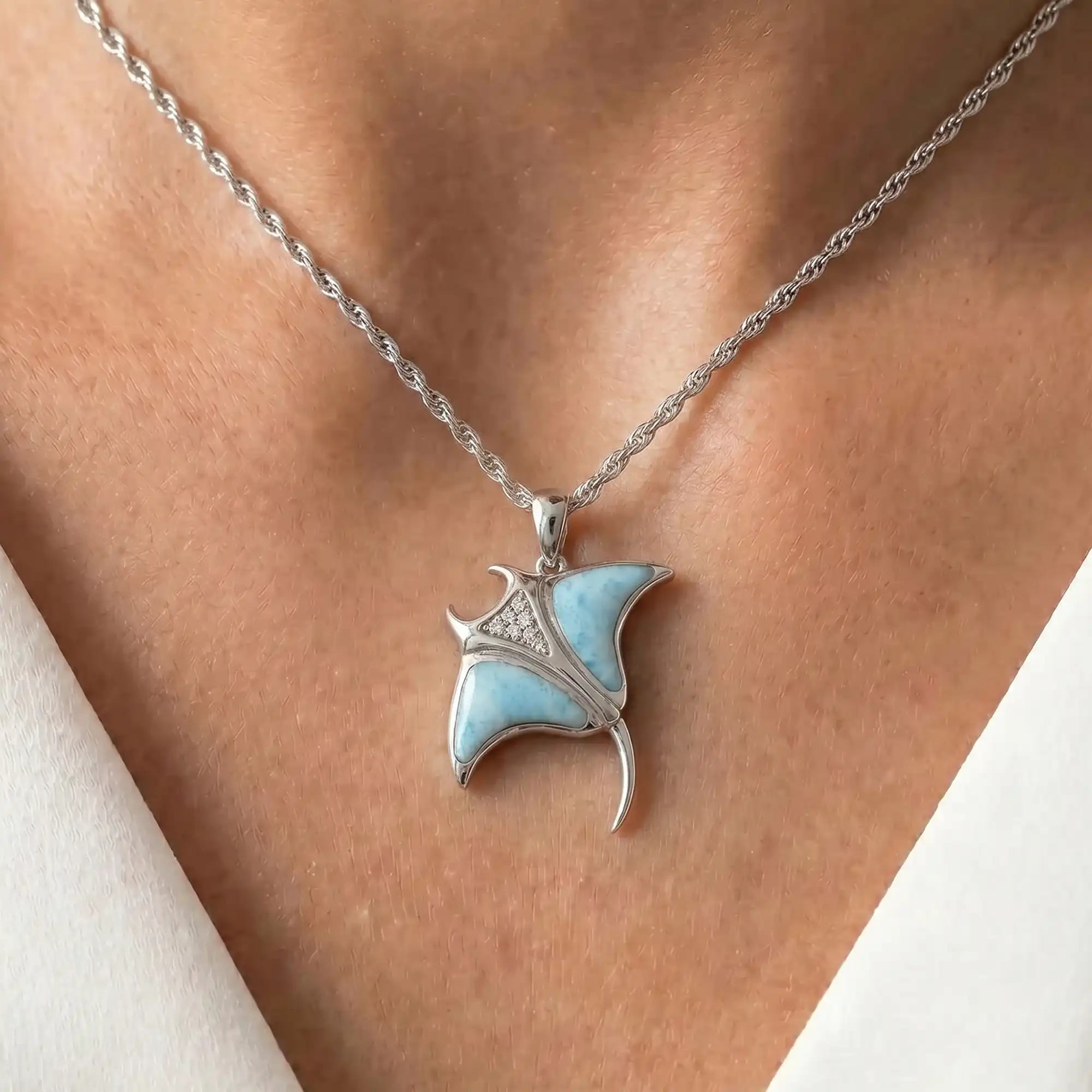 Manta Ray Necklace in sterling silver with larimar stone by Marahlago