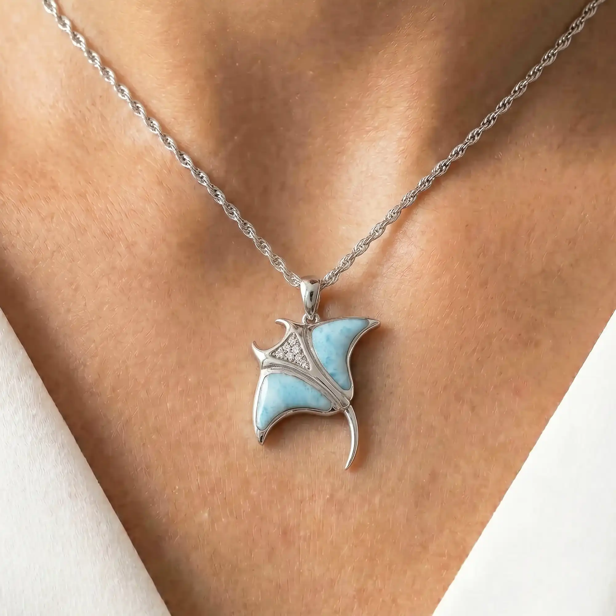 Manta Ray Necklace in sterling silver with larimar stone by Marahlago