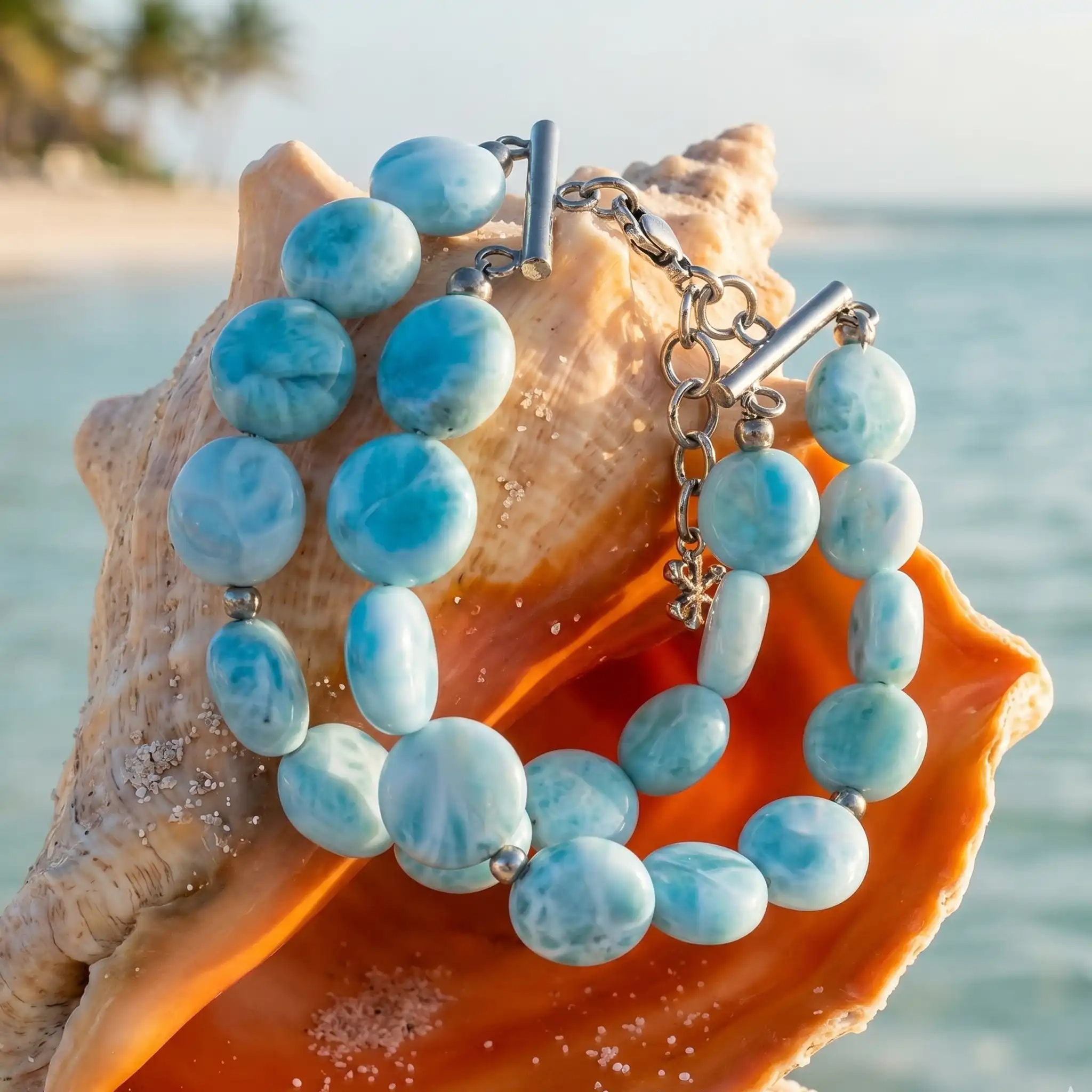Larimar Sterling Silver Seafoam Adjustable Link Bracelet Marahlago Jewelry round Gemstone 