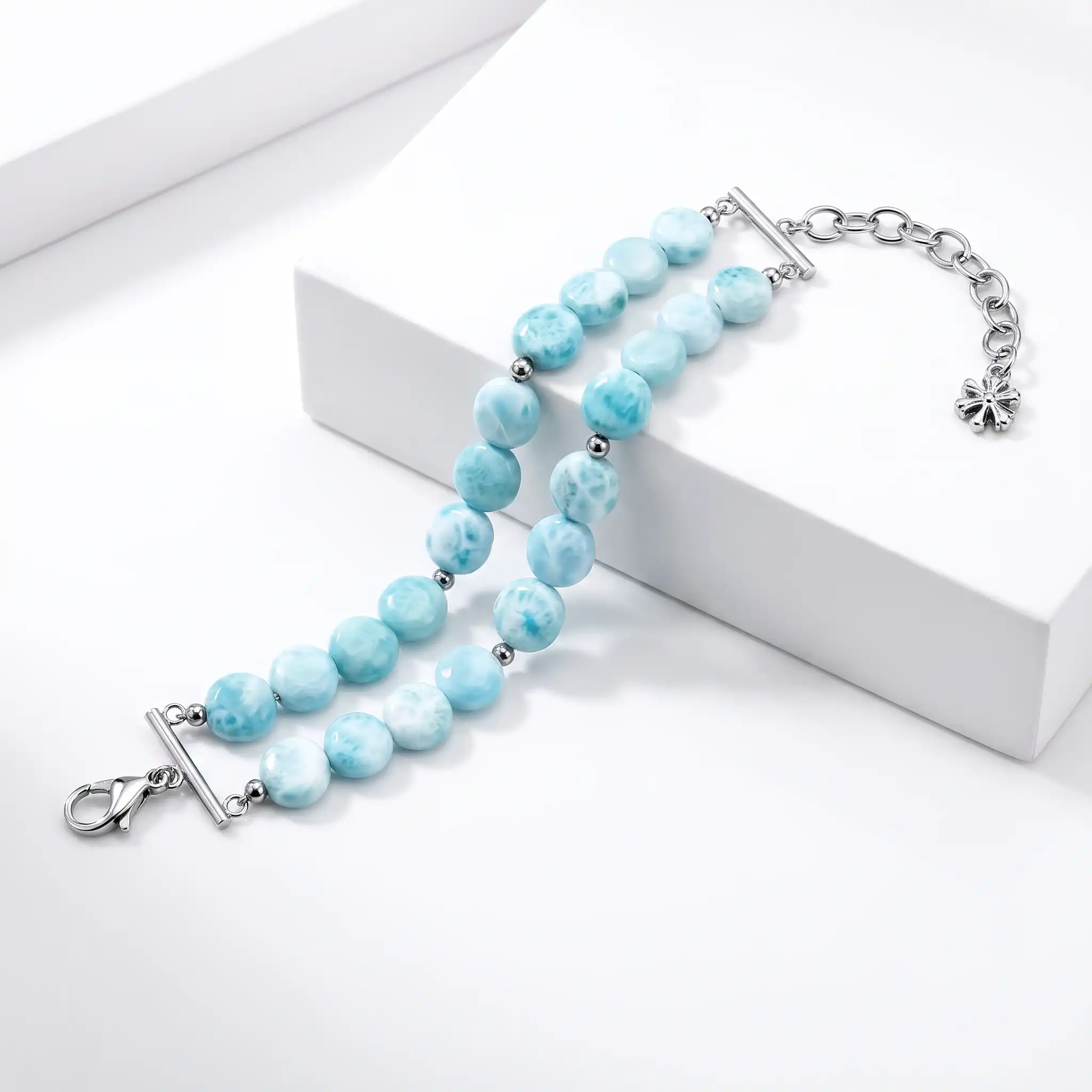 Larimar Sterling Silver Seafoam Adjustable Link Bracelet Marahlago Jewelry round Gemstone 