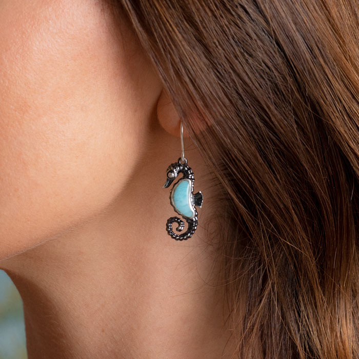 Larimar Sterling Silver Seahorse Wire Earrings Marahlago Jewelry 
