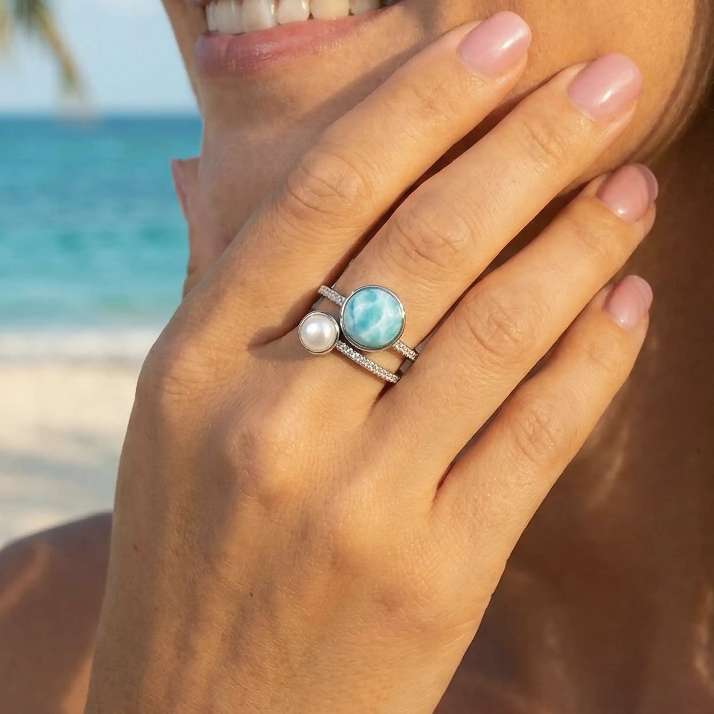 Serenade Ring with white sapphires and larimar by Marahlago