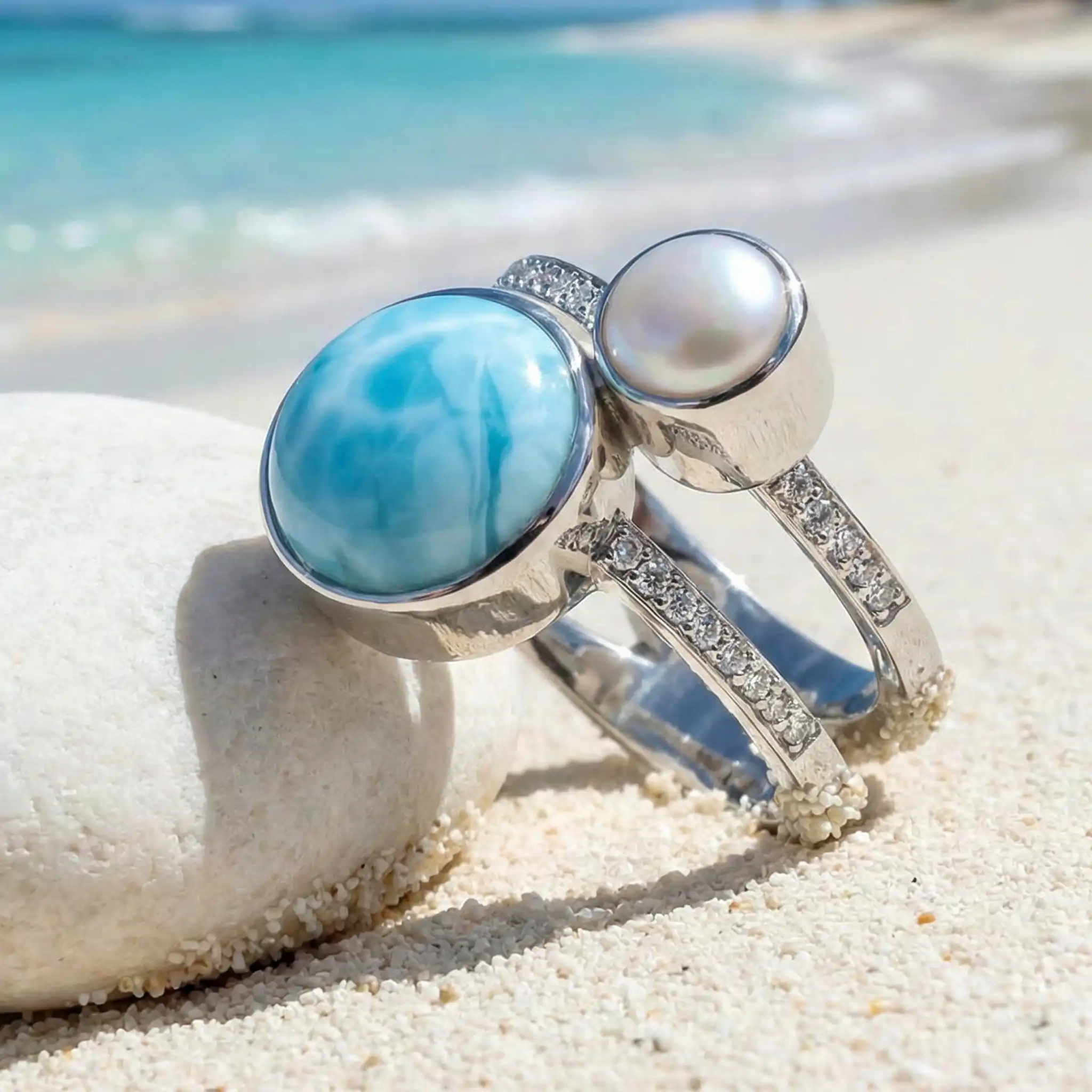 Serenade Ring with white sapphires and larimar by Marahlago