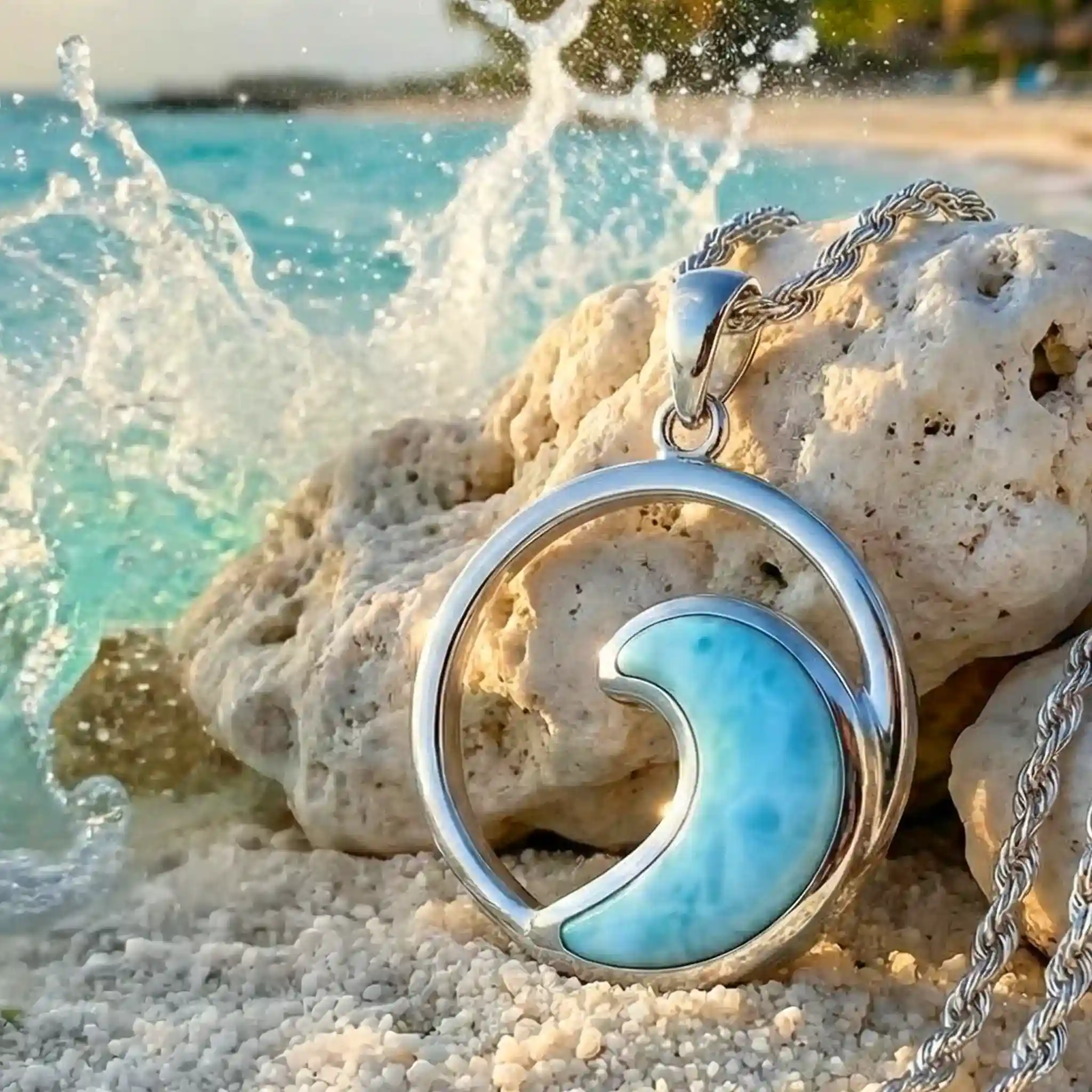 Wave Necklace in sterling silver with larimar