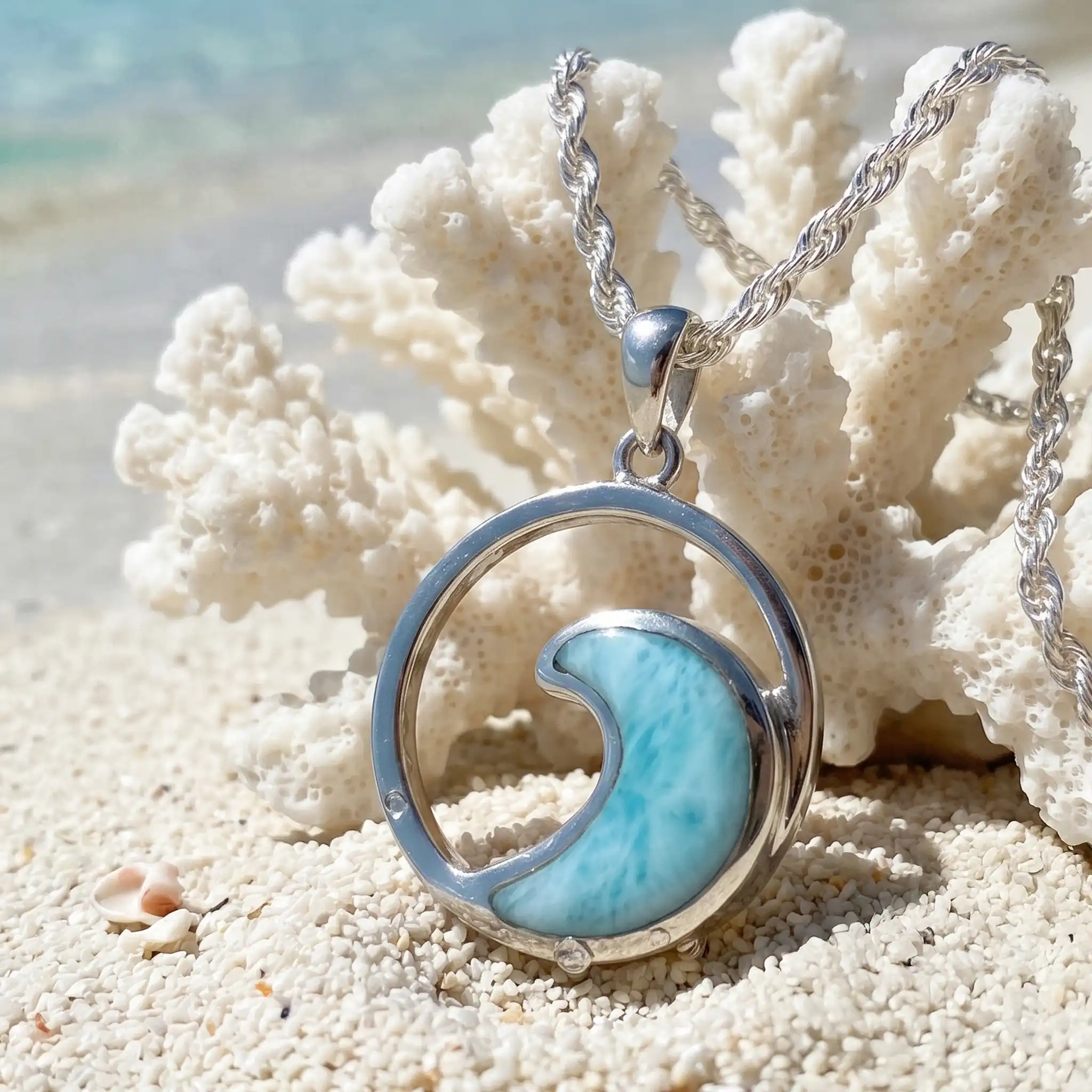 Wave Necklace in sterling silver with larimar